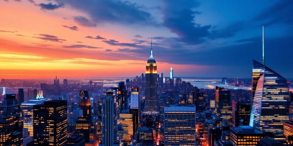 City skyline at dusk with illuminated financial buildings.